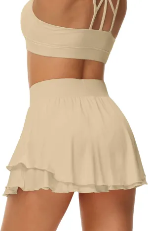 UrKeuf Women's Athletic Tennis Skirts with Pockets 13in Ruffle Golf Running Workout Ice Silk Flowy Skorts with Sports Shorts