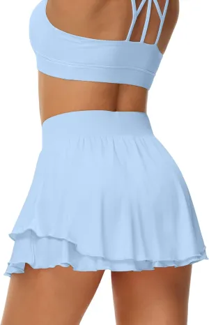 UrKeuf Women's Athletic Tennis Skirts with Pockets 13in Ruffle Golf Running Workout Ice Silk Flowy Skorts with Sports Shorts