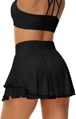 UrKeuf Women's Athletic Tennis Skirts with Pockets 13in Ruffle Golf Running Workout Ice Silk Flowy Skorts with Sports Shorts