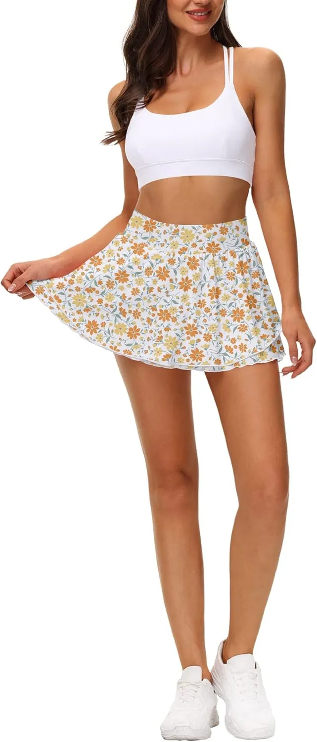 UrKeuf Women's Athletic Tennis Skirts with Pockets 13in Ruffle Golf Running Workout Ice Silk Flowy Skorts with Sports Shorts