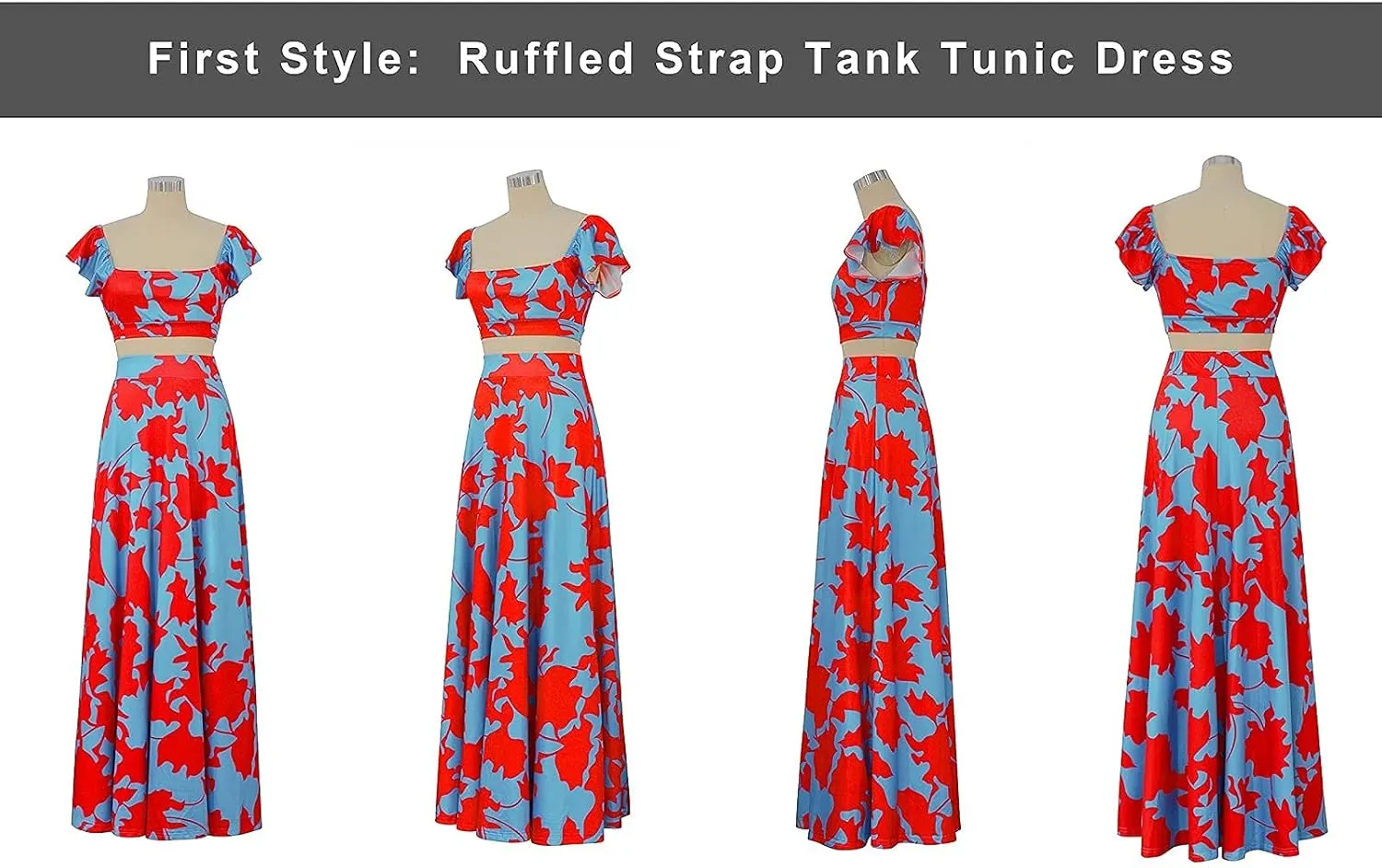 Vakkest Womens Summer Sexy 2 Pieces Outfits Ruffle Floral Tank Top Wrap Boho Tropical Long Skirt Set Clubwear Dresses