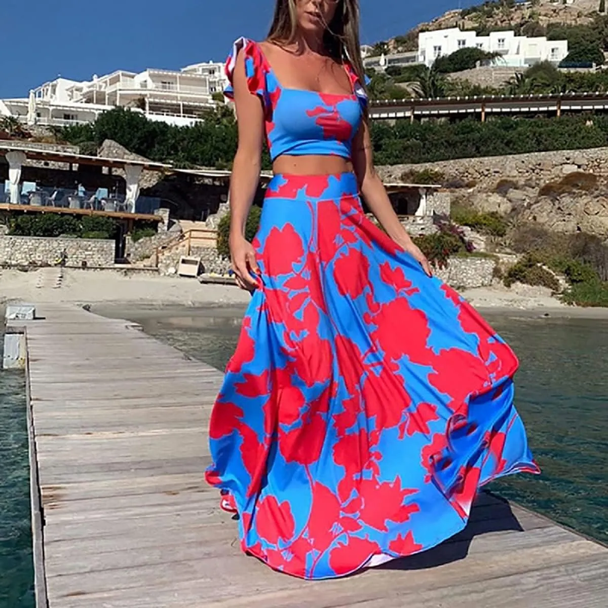 Vakkest Womens Summer Sexy 2 Pieces Outfits Ruffle Floral Tank Top Wrap Boho Tropical Long Skirt Set Clubwear Dresses