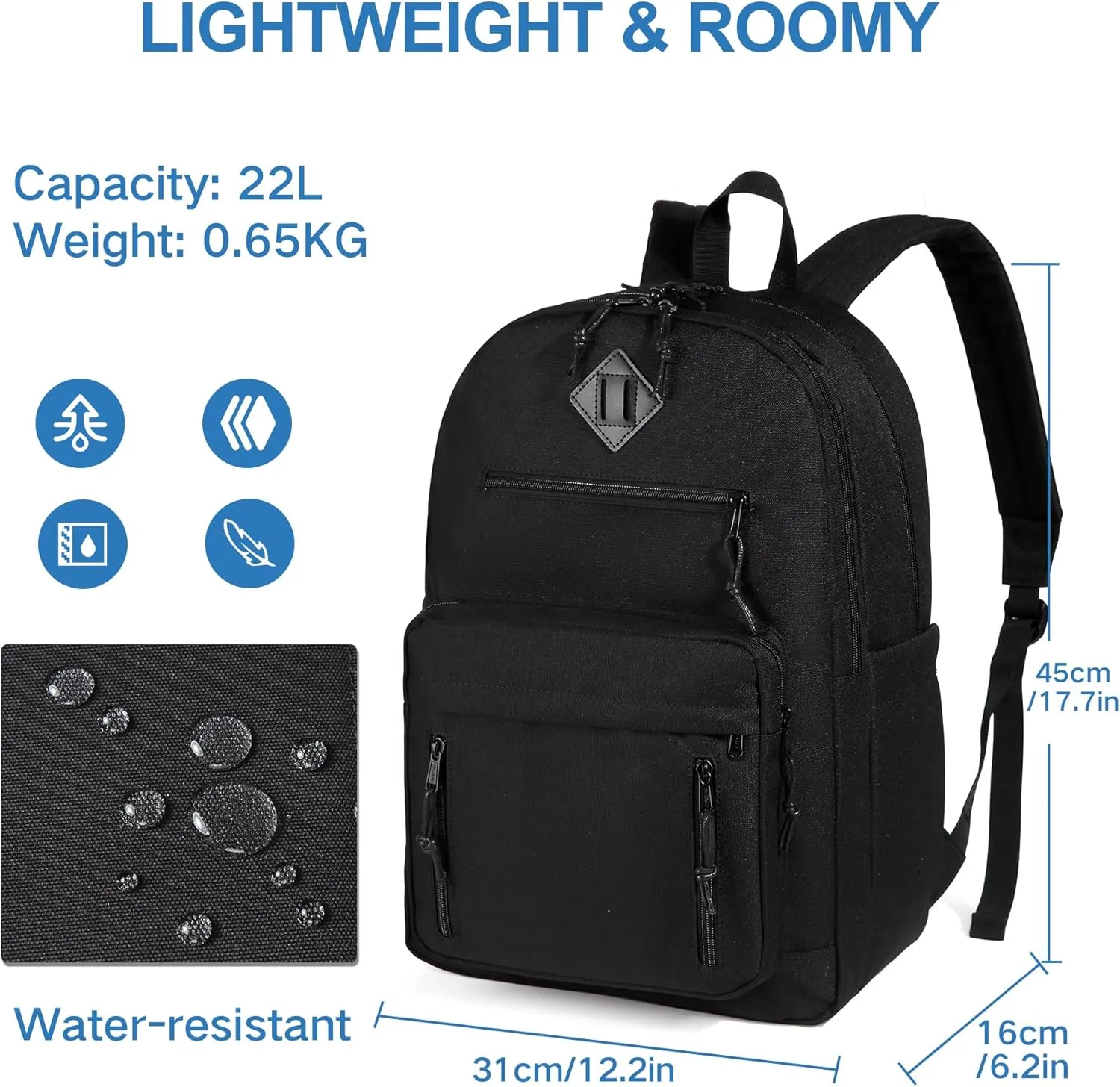 VASCHY School Backpack for Men,Two Compartments Daypack Bookbag Schoolbag for High School Teen Boy Girls/College/Work/Travel Women Black