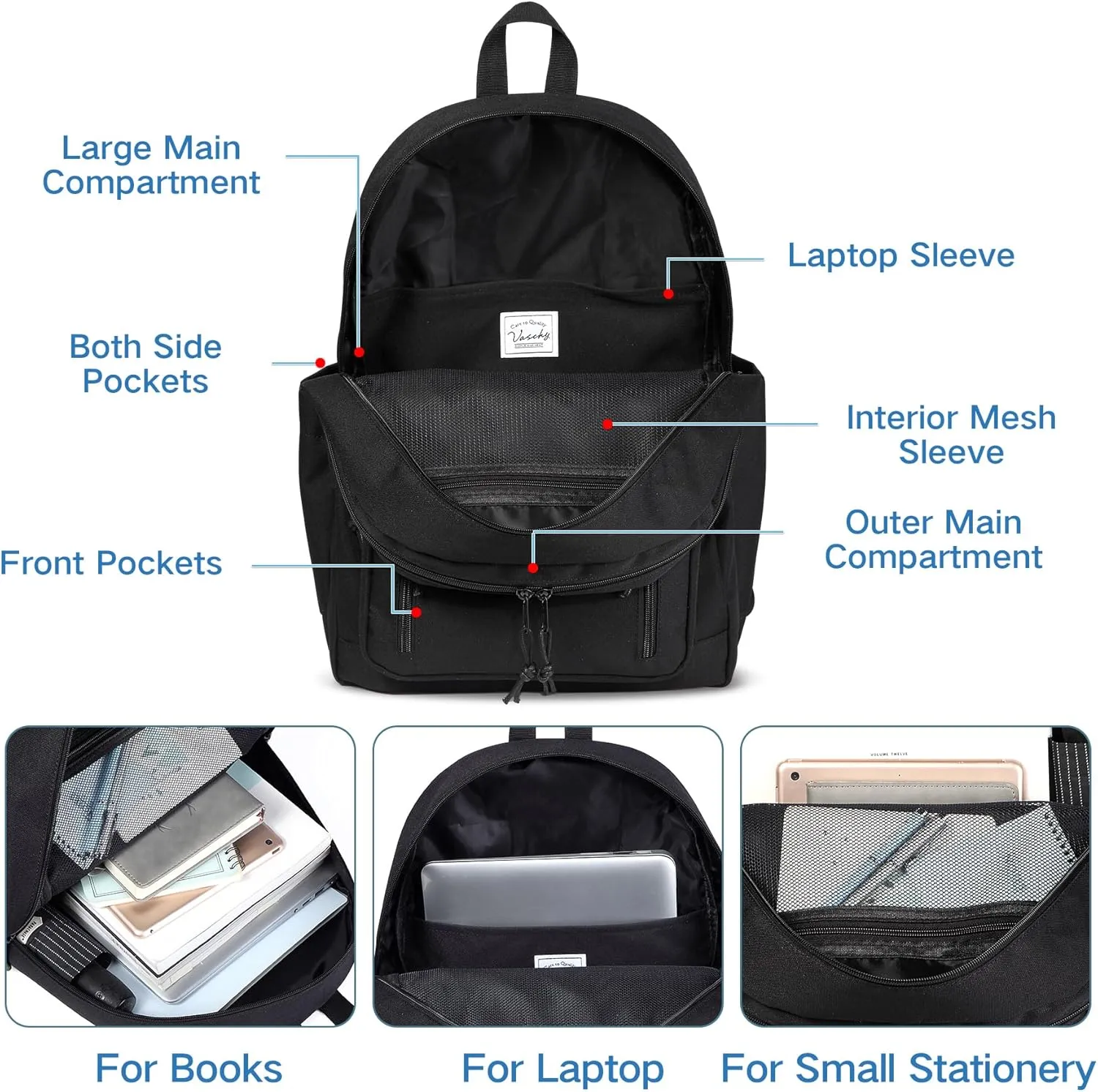 VASCHY School Backpack for Men,Two Compartments Daypack Bookbag Schoolbag for High School Teen Boy Girls/College/Work/Travel Women Black