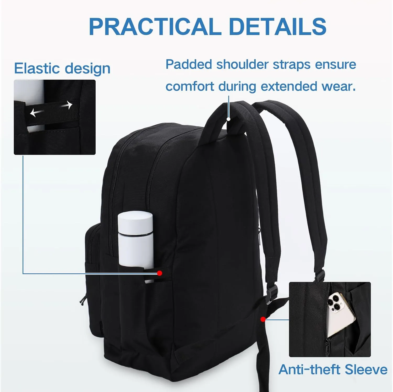 VASCHY School Backpack for Men,Two Compartments Daypack Bookbag Schoolbag for High School Teen Boy Girls/College/Work/Travel Women Black