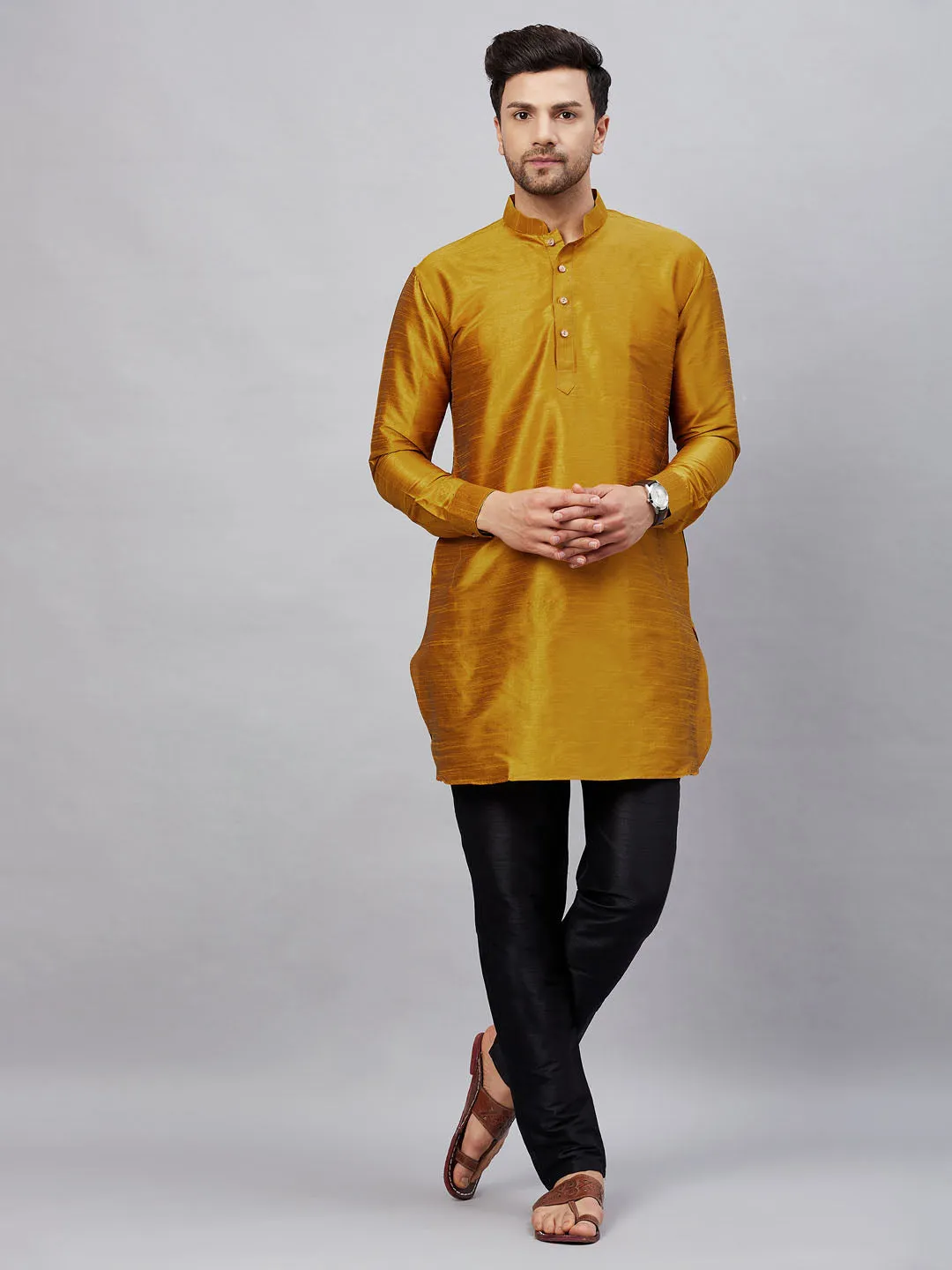 Vastramay Men's Mustard Silk Kurta Set