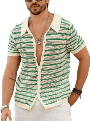 Verdusa Men's Hollow Out Knit Button Down Short Short Sleeve Striped Crochet Cardigan