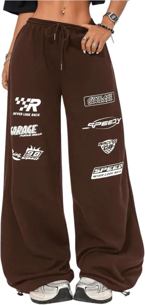 Verdusa Women's Elastic Waist Drawstring Loose Jogger Pants Letter Printed Wide Leg Sweatpants