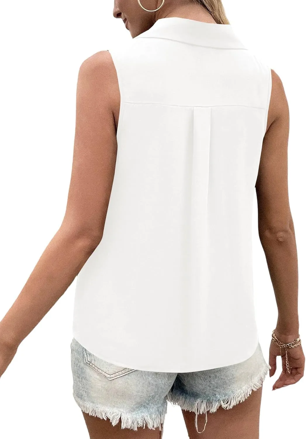 Vrtige Women's Casual Collar V Neck Button Down Sleeveless Tunic Blouse Shirt Tank Top