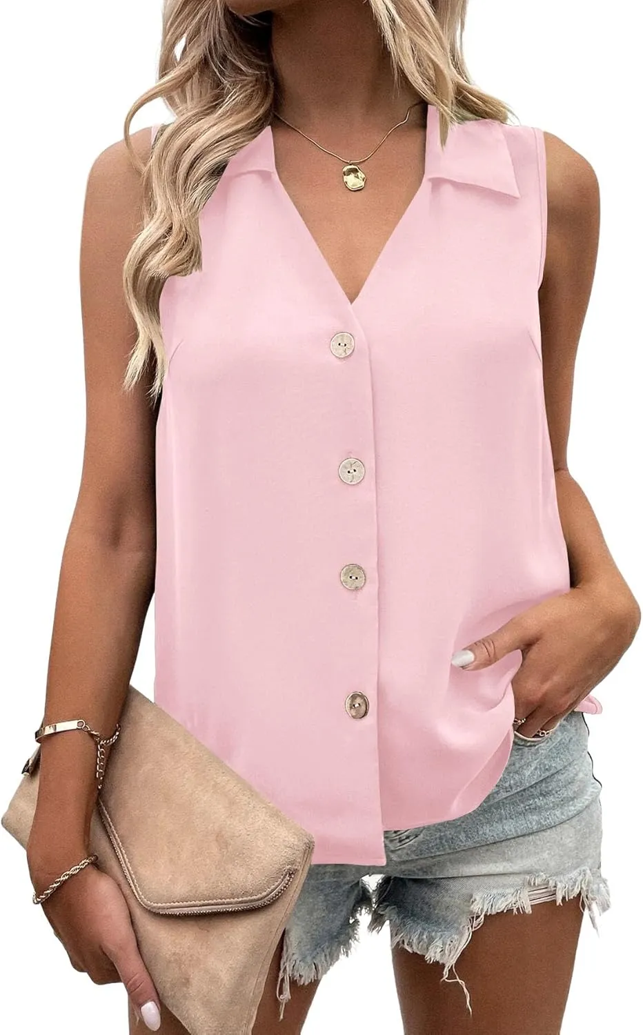 Vrtige Women's Casual Collar V Neck Button Down Sleeveless Tunic Blouse Shirt Tank Top