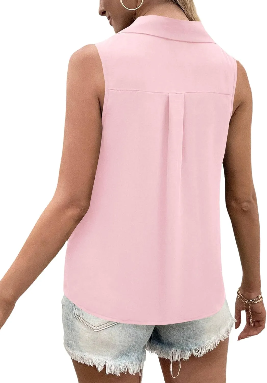 Vrtige Women's Casual Collar V Neck Button Down Sleeveless Tunic Blouse Shirt Tank Top