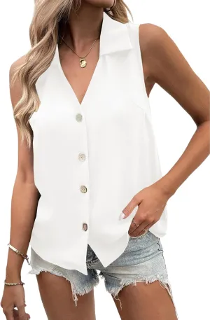 Vrtige Women's Casual Collar V Neck Button Down Sleeveless Tunic Blouse Shirt Tank Top