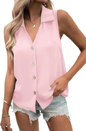 Vrtige Women's Casual Collar V Neck Button Down Sleeveless Tunic Blouse Shirt Tank Top