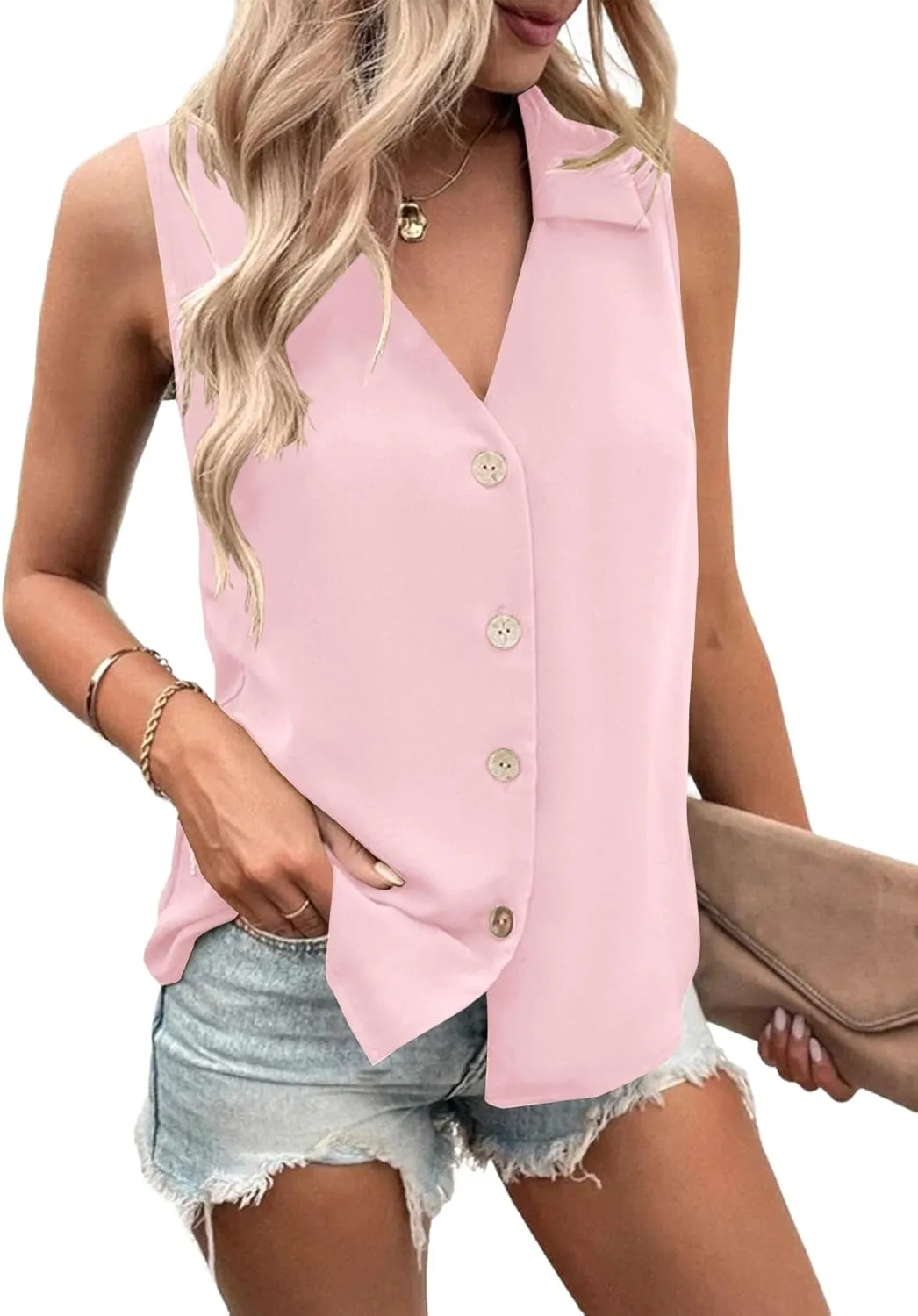 Vrtige Women's Casual Collar V Neck Button Down Sleeveless Tunic Blouse Shirt Tank Top