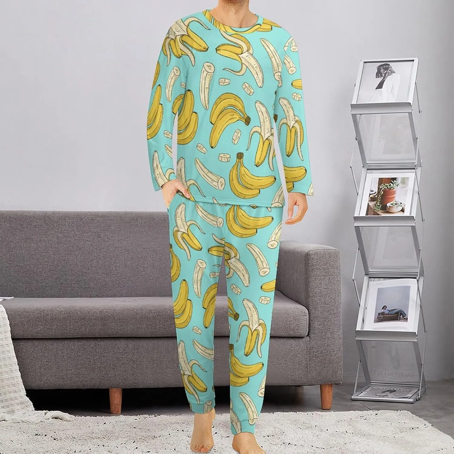 Watercolor Halloween Mushrooms Mens Pajamas Set Loungewear Pajamas for Men Long Sleeve Sleepwear Pjs Pockets