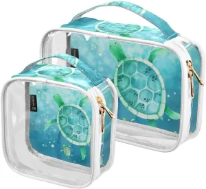 Watercolor-world-oceans-day 2 Pack Clear Toiletry Bag Women Men, Portable Waterproof Clear Pouch, Cosmetic Bag with Double Zippers Large Opening Traveling with Handle for Bathroom Traveling Vacation O