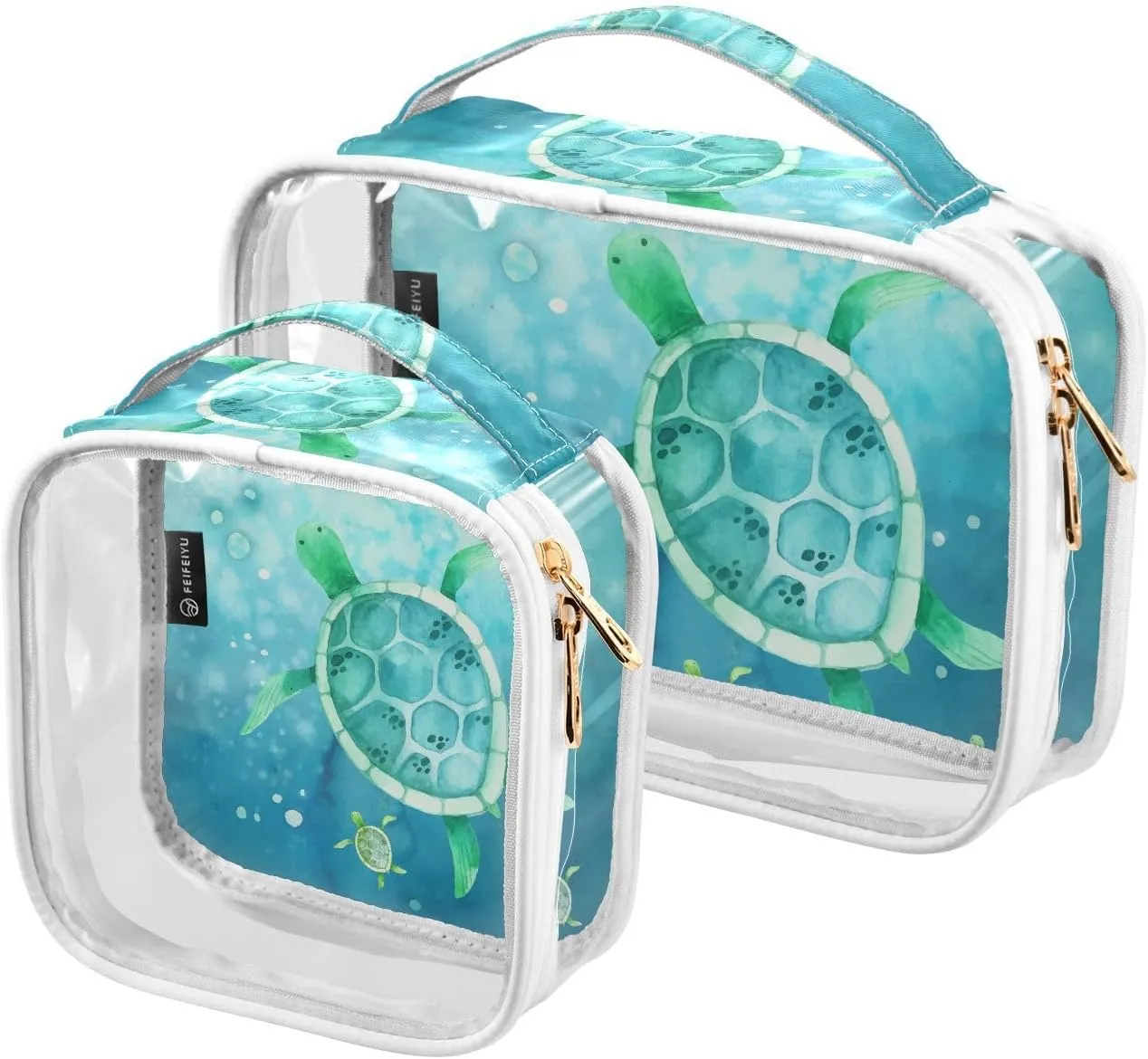 Watercolor-world-oceans-day 2 Pack Clear Toiletry Bag Women Men, Portable Waterproof Clear Pouch, Cosmetic Bag with Double Zippers Large Opening Traveling with Handle for Bathroom Traveling Vacation O
