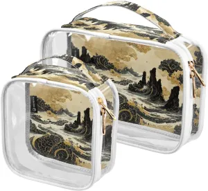 Waves-flower-texture 2 Pack Clear Toiletry Bag Women Men, Portable Waterproof Clear Pouch, Cosmetic Bag with Double Zippers Large Opening Traveling with Handle for Bathroom Traveling Vacation Organizi