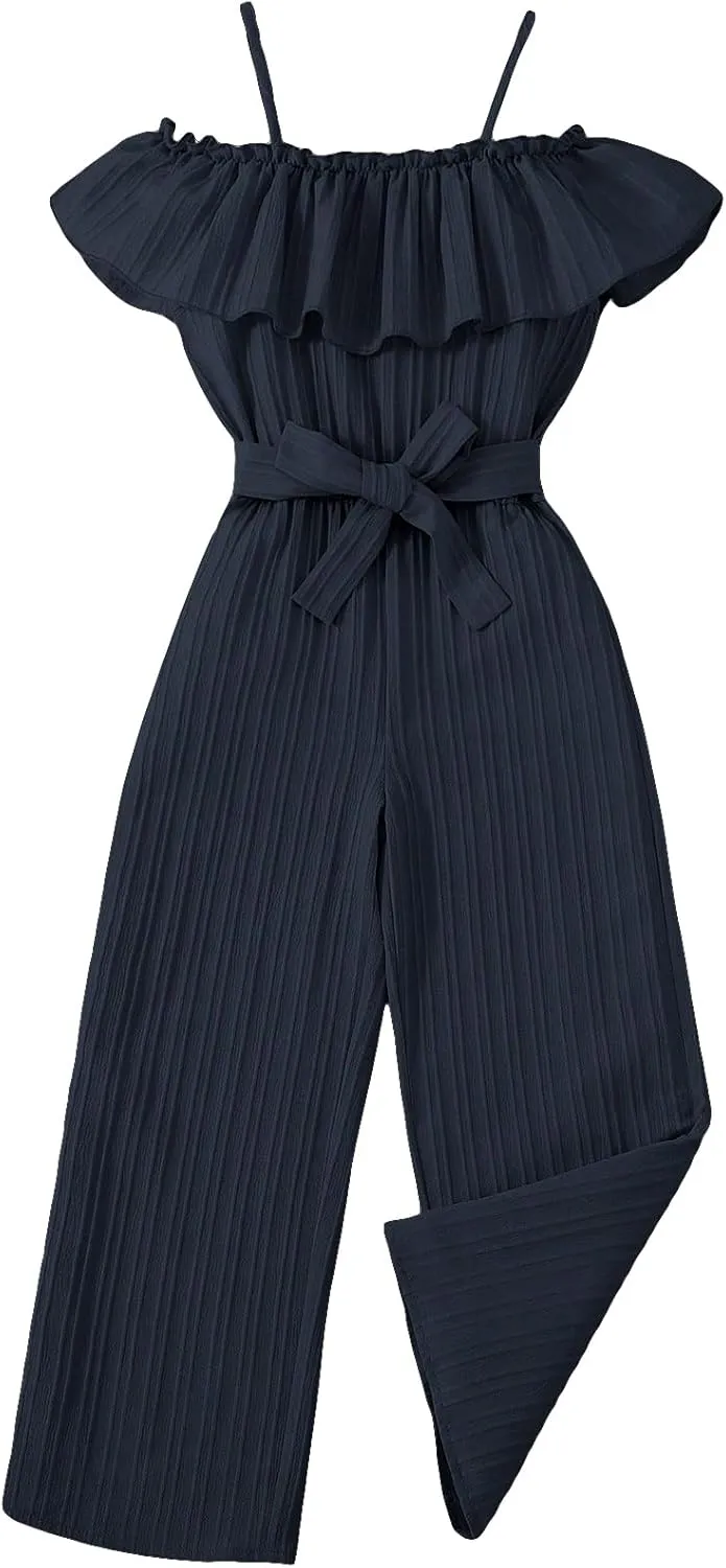 WDIRARA Girl's Ruffle Trim Cold Shoulder Short Sleeve Belted Wide Leg Jumpsuit Pants