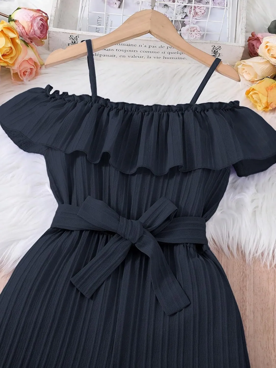 WDIRARA Girl's Ruffle Trim Cold Shoulder Short Sleeve Belted Wide Leg Jumpsuit Pants