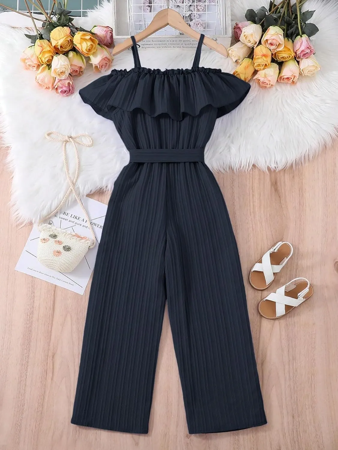 WDIRARA Girl's Ruffle Trim Cold Shoulder Short Sleeve Belted Wide Leg Jumpsuit Pants
