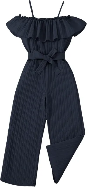 WDIRARA Girl's Ruffle Trim Cold Shoulder Short Sleeve Belted Wide Leg Jumpsuit Pants