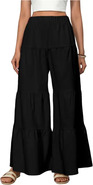 WDIRARA Women's Flowy Boho Elastic High Waist Ruffle Hem Wide Leg Beach Loose Palazzo Pants