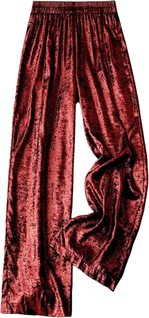 WDIRARA Women's Plus Size Metallic Elastic High Waist Straight Leg Casual Long Pants Trousers