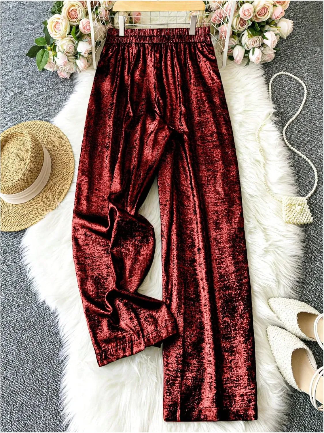 WDIRARA Women's Plus Size Metallic Elastic High Waist Straight Leg Casual Long Pants Trousers