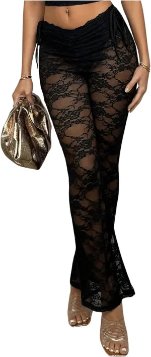 WDIRARA Women's Sexy See Through Flare Bell Bottom Lace Pants Ruched Drawstring Side Trousers Clubwear