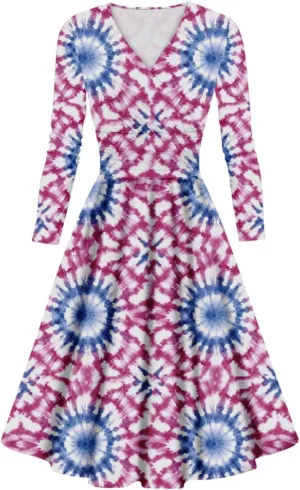 Wedding Guest Dresses for Women,Fall Outfits Ladies Fashion Casual Print Long Sleeve V-Neck Sexy Pocket Dress