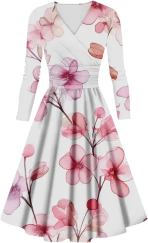 Wedding Guest Dresses for Women,Fall Outfits Ladies Fashion Casual Print Long Sleeve V-Neck Sexy Pocket Dress