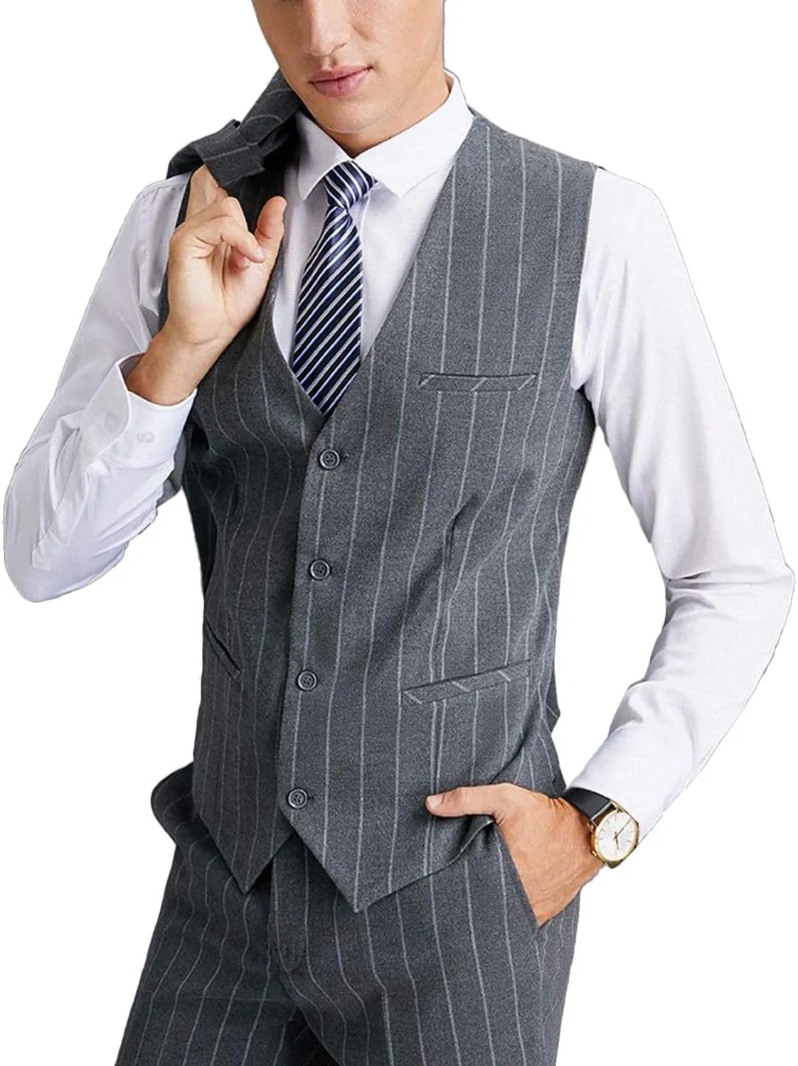 Wemaliyzd Men's Slim Fit 3 Pieces Pinstripe Thicken Suit 4 Buttons Vest Separate Pants