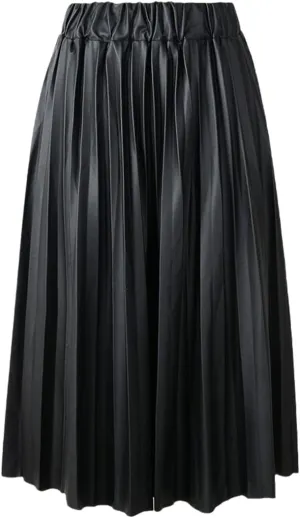 Winter Women Black PU Faux Leather Midi Pleated High Waist Vintage Skirt