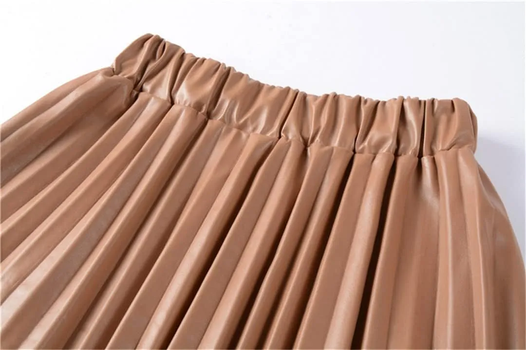 Winter Women Black PU Faux Leather Midi Pleated High Waist Vintage Skirt