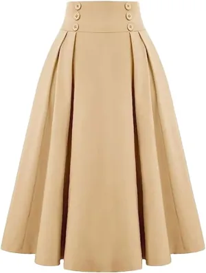 Women A-Line Vintage Casual Skirt High Waist with Pockets Pleated Skirts