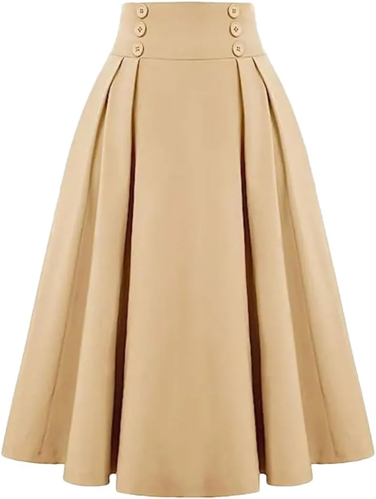 Women A-Line Vintage Casual Skirt High Waist with Pockets Pleated Skirts