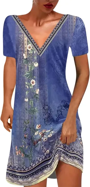 Women Boho Floral Print Summer Dress V Neck Casual Dresses Cute Beach Vacation Dress 2024 Trendy Dressy Clothing