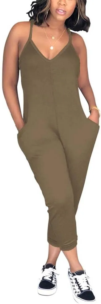 Women Casual Jumpsuit Sleeveless Strap V Neck One Piece Romper Harem Pants Playsuit Overalls