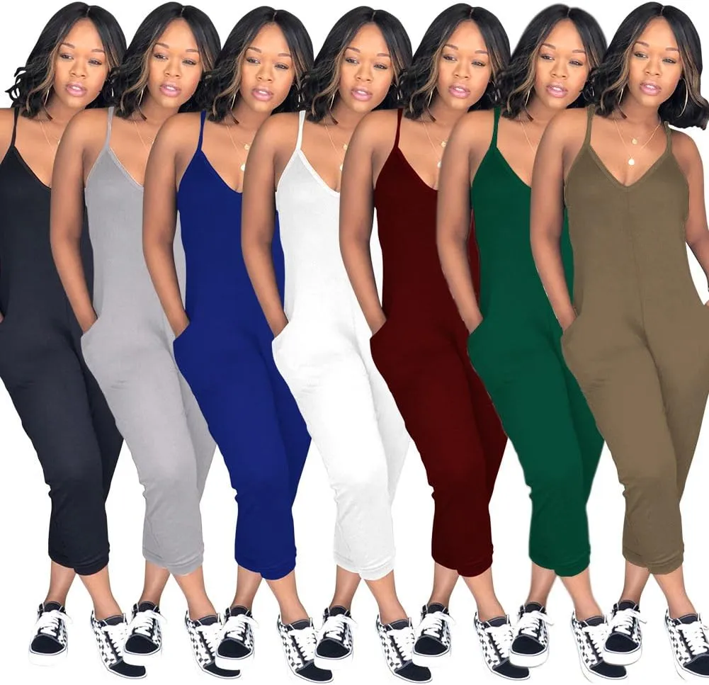 Women Casual Jumpsuit Sleeveless Strap V Neck One Piece Romper Harem Pants Playsuit Overalls