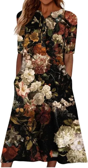 Women Casual Summer Stripe Button V Neck Sleeveless Pocket Holiday Dress Floral Sundress Midi Dress
