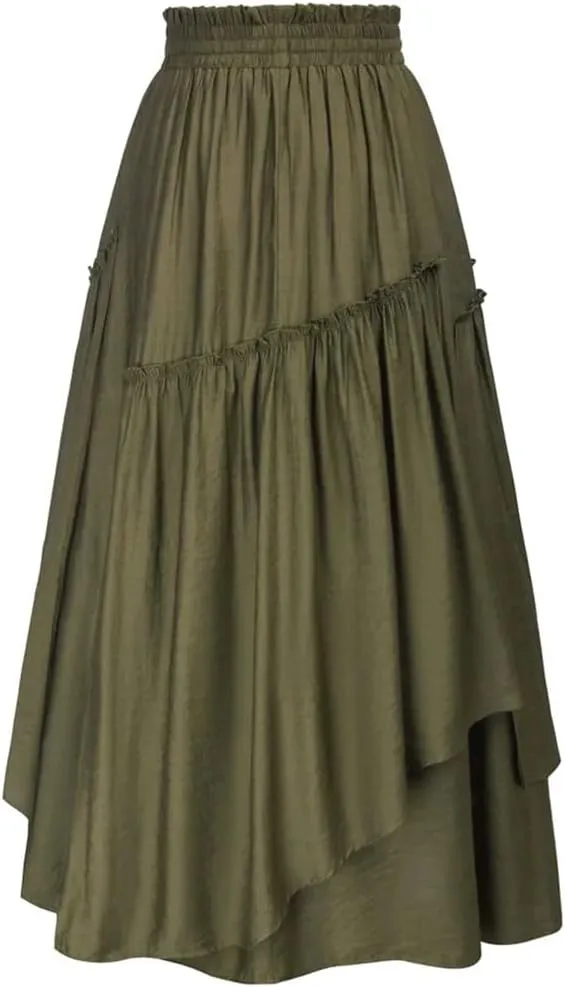 Women High Waist A-Line Long Skirts Retro Drawstring Swing Skirt Women Midi Skirt