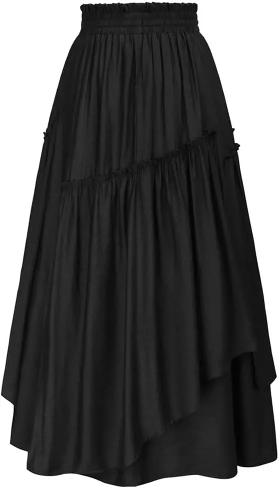 Women High Waist A-Line Long Skirts Retro Drawstring Swing Skirt Women Midi Skirt