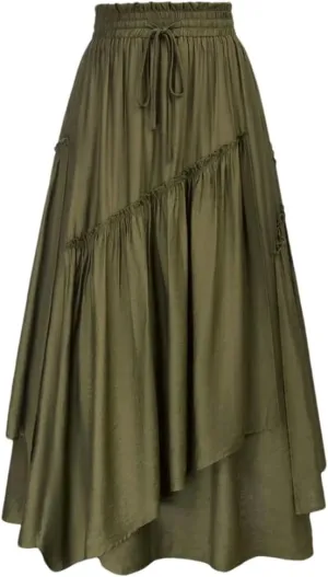 Women High Waist A-Line Long Skirts Retro Drawstring Swing Skirt Women Midi Skirt