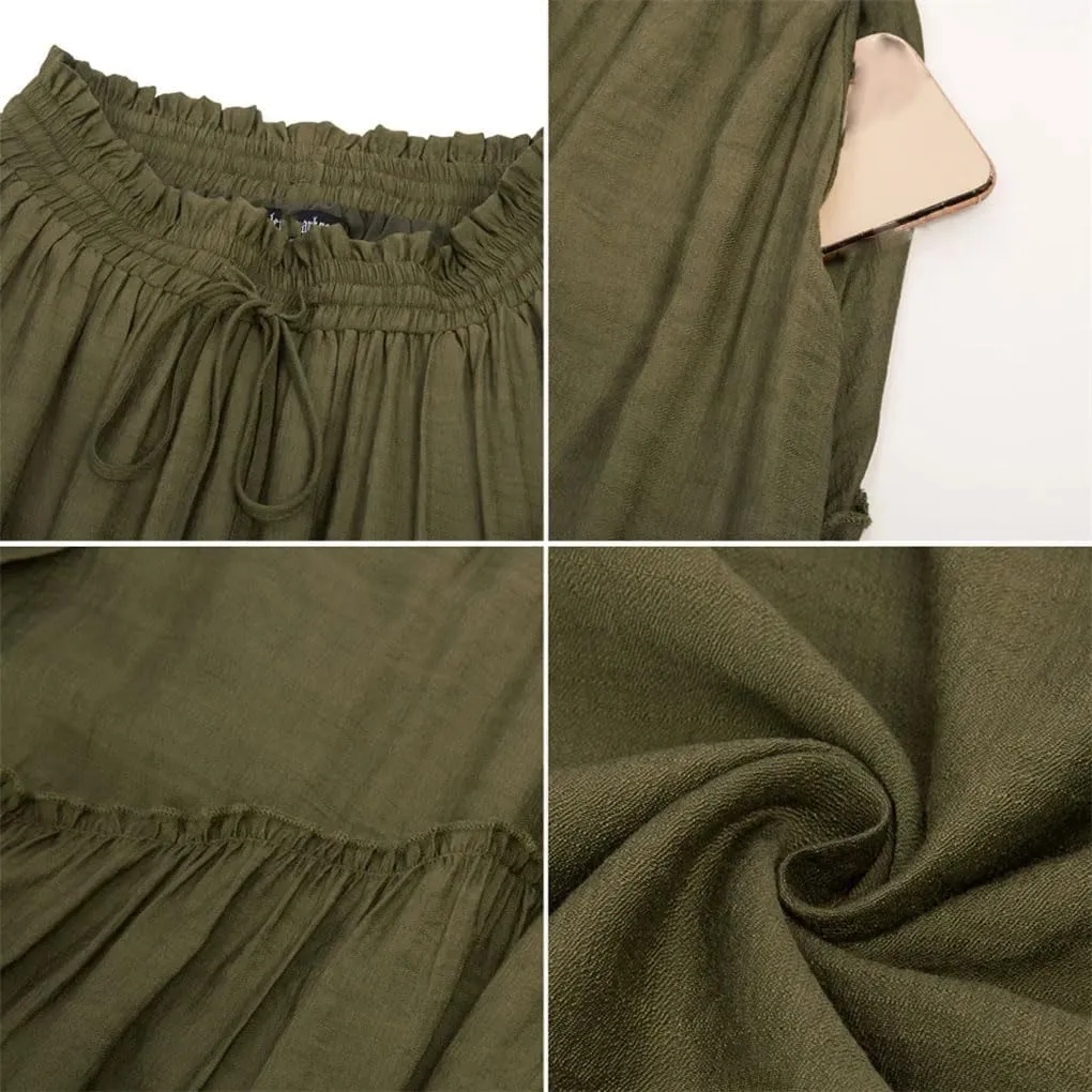 Women High Waist A-Line Long Skirts Retro Drawstring Swing Skirt Women Midi Skirt