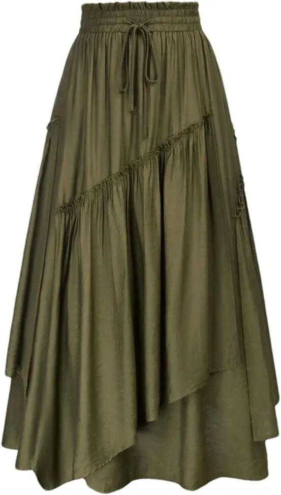 Women High Waist A-Line Long Skirts Retro Drawstring Swing Skirt Women Midi Skirt