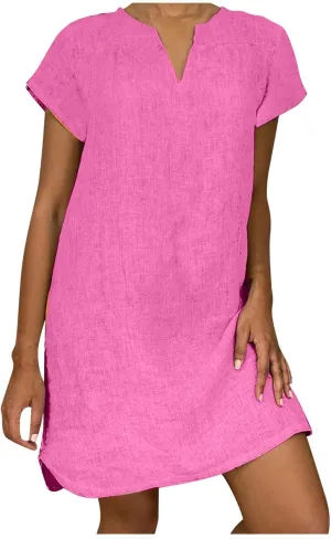 Women Linen Shirt Dresses Summer Bohemian Style Beach Sundress Fashion Solid Color Short Sleeves V-Neck Midi Dress