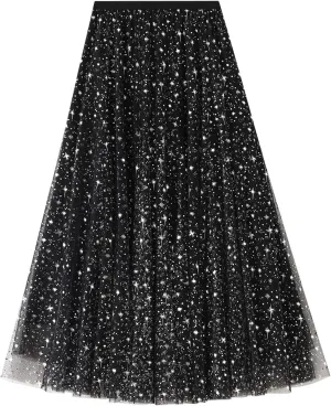 Women Mesh Tutu Maxi Skirts Sequin Glitter Layered Elastic High Waist A-Line Swing Skirts Y2k Party Streetwear