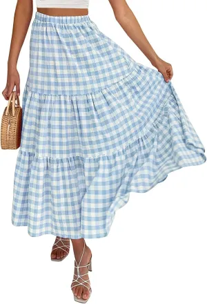 Women Plaid Tiered Maxi Skirt Elastic High Waist Vintage Gingham Pleated Long Skirt Y2K Flowy Swing A Line Skirt