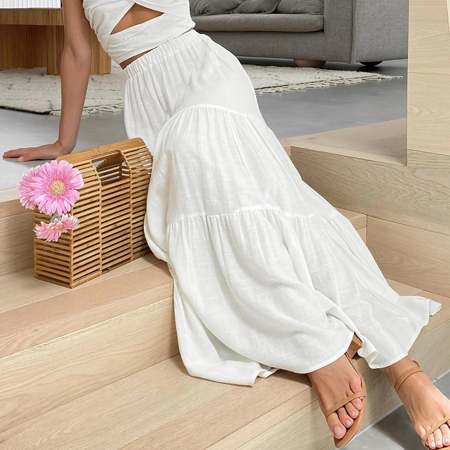 Women Plaid Tiered Maxi Skirt Elastic High Waist Vintage Gingham Pleated Long Skirt Y2K Flowy Swing A Line Skirt